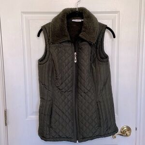 Denim & Company Olive Green Faux Shearling Zip Vest with Pockets